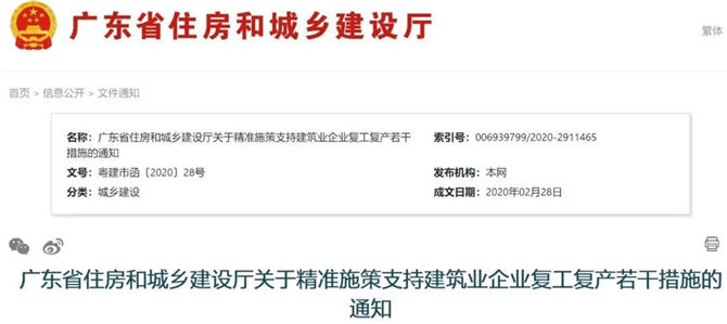 廣東省關(guān)于精準(zhǔn)施策支持建筑業(yè)企業(yè)復(fù)工復(fù)產(chǎn)若干措施的通知
